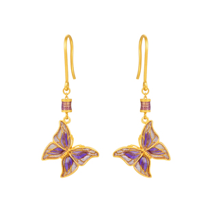 明牌珠宝古法黄金紫裳凤蝶耳饰 足金蝴蝶耳坠古韵女款耳环AFH0384