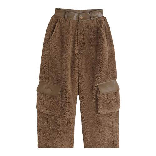 LALABOBO2023冬季新款潮可爱芥末熊口袋毛绒休闲裤女|LBCD-WXZC16