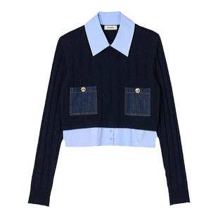 SANDRO秋冬女装经典款法式牛仔口袋假两件上衣设计感衬衫领羊毛衫