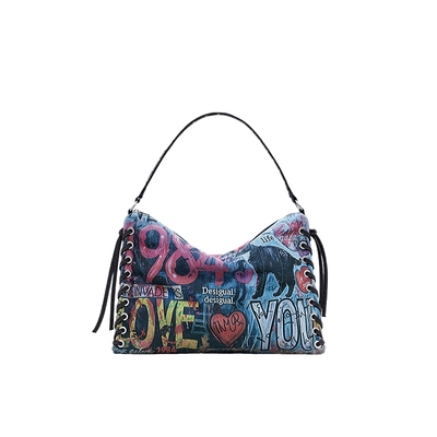 Desigual25秋冬新品绑带装饰牛仔涂鸦印花拉链开合单肩手提包