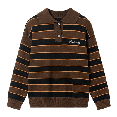 韩范学院风宽松条纹翻领针织毛衣