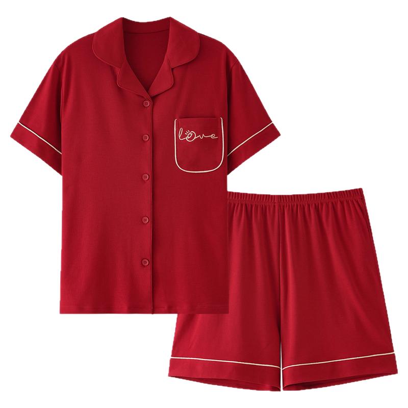 思馨坊情侣睡衣纯棉红色家居服夏