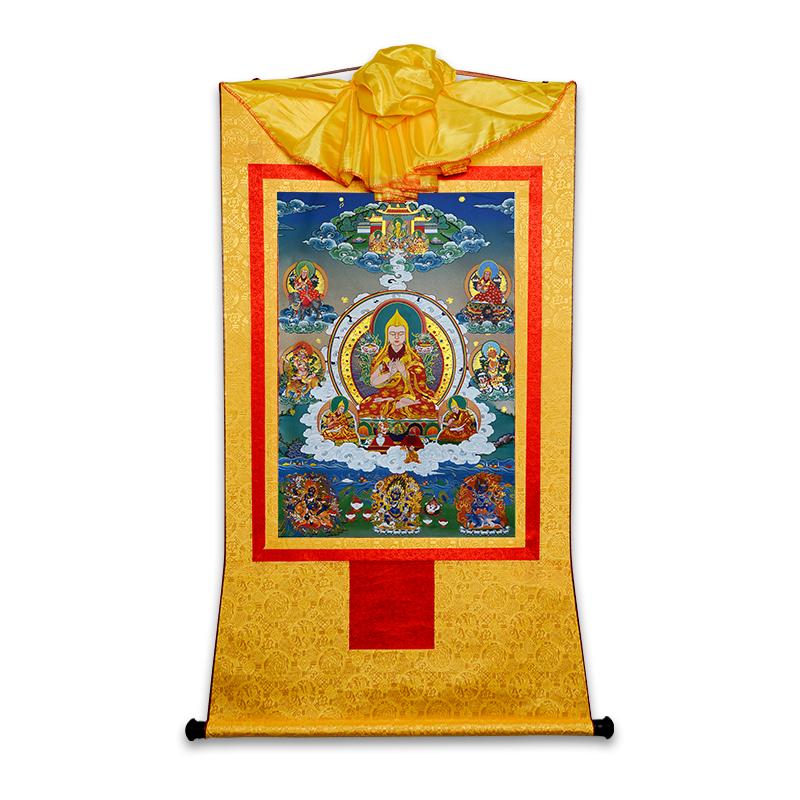 藏村 新宗喀巴大师唐卡 中式装裱禅意客厅挂件画像转轴挂画高85cm
