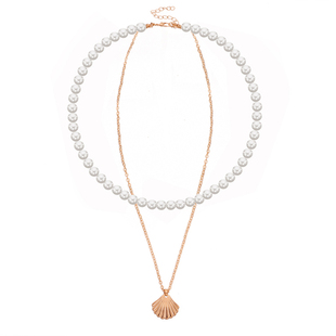 Norns波西米亚民族风珍珠金属贝壳扇贝双层两层多层次项链锁骨链