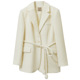 Amii西装领配腰带羊毛圈圈呢毛呢外套女2025冬新款小宽肩垫肩大衣