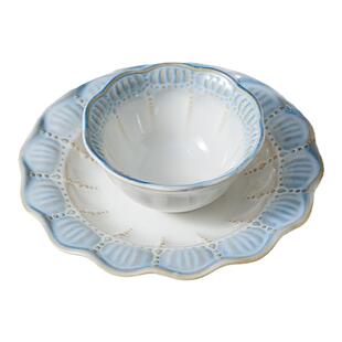 烟蓝碗碟套装家用陶瓷餐具法式复古2025新款盘子釉下彩米饭碗汤碗