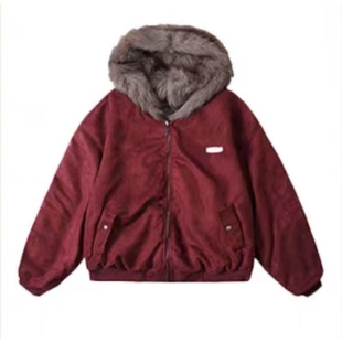 2025新款冬季加厚保暖棉袄酒红色麂皮绒环保皮草双面穿棉服外套女