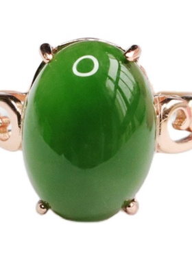 S925银镶嵌和田玉碧玉戒指女