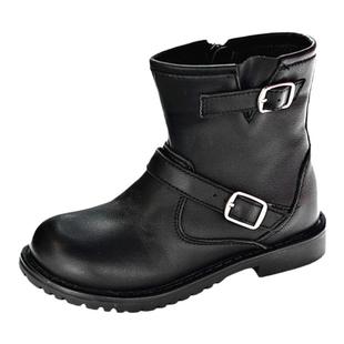 贝然儿童靴真皮马丁靴女童黑色皮靴中筒靴矮桶加绒童靴男童骑士靴