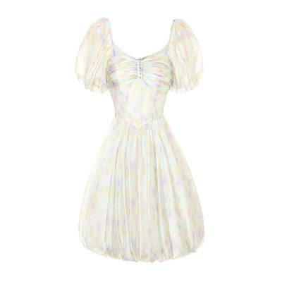 花儿开了2025夏季新款法式方领水光纱印花连衣裙女高腰短款灯笼裙