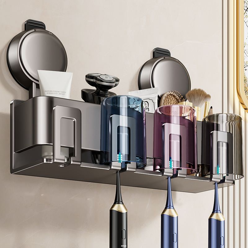 家用卫生间吸盘牙刷牙杯漱口杯挂打孔墙式洗漱免台收纳神器置物架