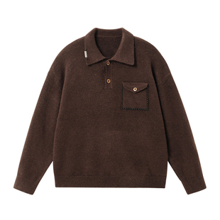 JHYQ美式复古口袋钉珠翻领POLO毛衣男秋冬宽松慵懒风针织衫外套