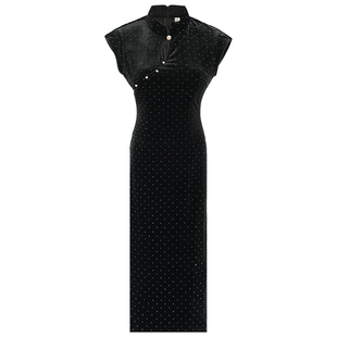 新中式旗袍女改良国风长袖高级感黑色烫钻金丝绒日常新款秋冬套装