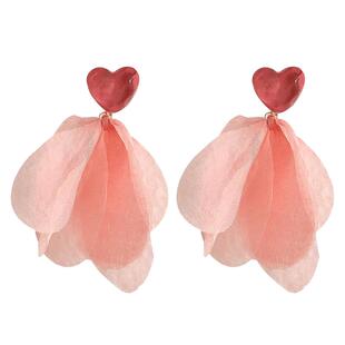 超仙粉色爱心网纱耳环女生度假风雪纺甜美耳钉夏季气质高级感耳饰