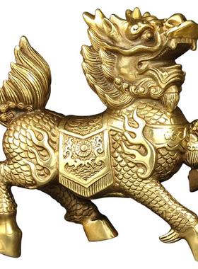 铜麒麟一对纯铜摆件镇宅送子招财火麒麟客厅店铺公母一对黄铜麒麟