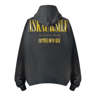 Askyurself老鹰闪电印花连帽卫衣男女黑色水洗做旧潮牌