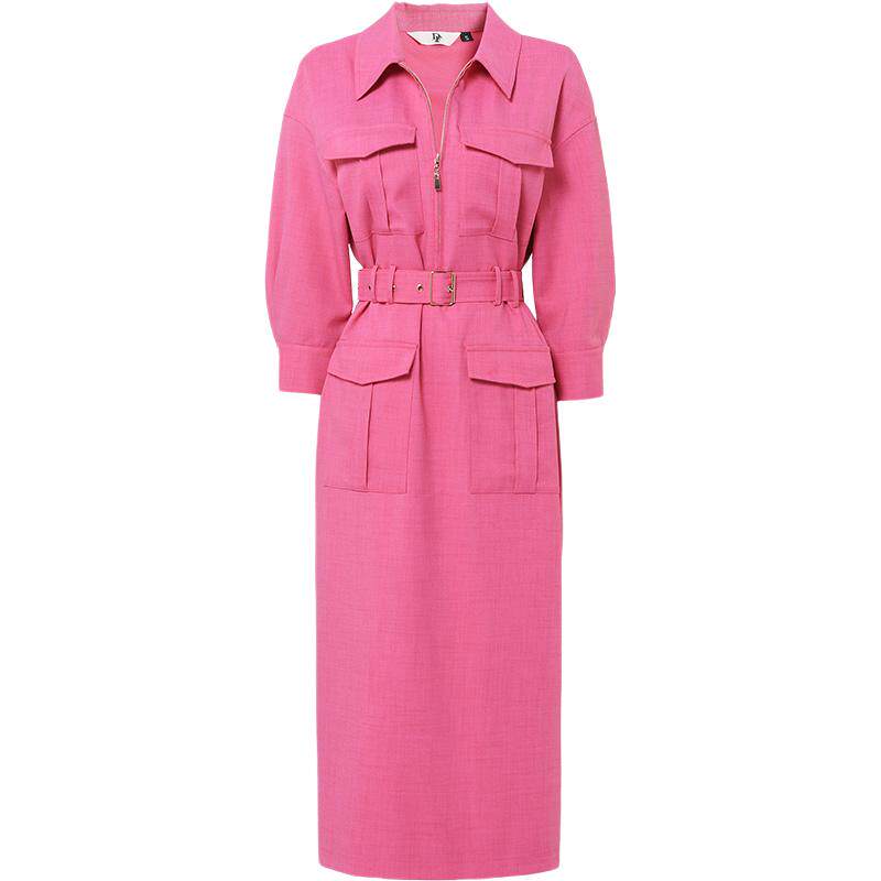 夏季女装2026新款气质复古玫红色收腰显瘦工装风连衣裙长裙女