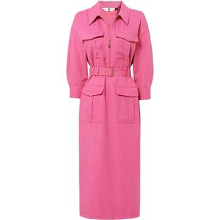 夏季女装2026新款气质复古玫红色收腰显瘦工装风连衣裙长裙女