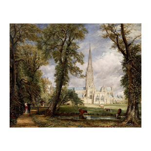 康斯太布尔从草地远眺索尔兹伯里大教堂无画框油画布画芯客厅装饰