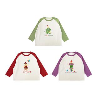 幼悠 春秋新款男童卡通印花撞色插肩袖宽松T恤儿童圆领帅气上衣潮