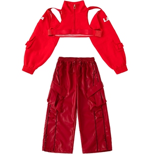 女童爵士舞红色系露脐辣妹风上衣PU皮裤套装jazz走秀潮酷演出服春