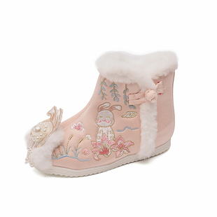 汉服靴子女童加绒冬季古风宝宝拜年鞋古装公主唐装鞋儿童绣花棉鞋