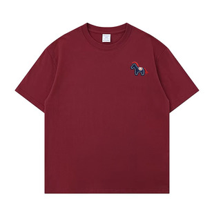 纯棉刺绣T恤女春节小马短袖红色正肩短袖t恤马t恤圆领洋气抗起球