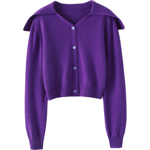 小仙女的治愈~V领大翻领短款羊绒开衫女纯羊绒针织开衫外套秋冬厚