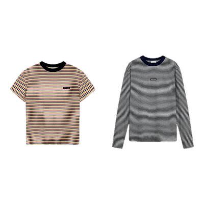 ECHOADE轻松俏皮 随意叠穿经典小圆领设计H版型撞色条纹T恤