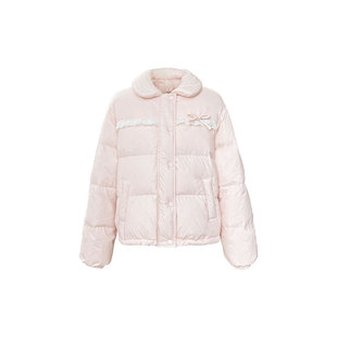 Narratorgirls粉色蕾丝花边蝴蝶结短款宽松90白鸭绒可爱羽绒服冬