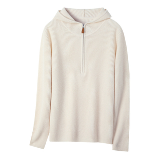 白色连帽半拉链毛衣内搭可外穿女士慵懒高级感羊毛羊绒打底衫秋冬