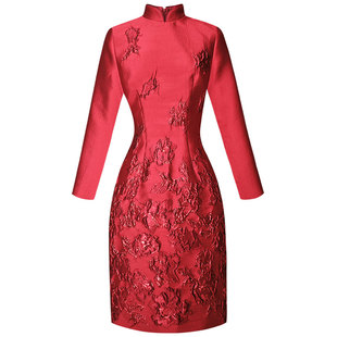 限量进口提花深红色中式新年礼服丨喜庆旗袍连衣裙婚礼战袍594