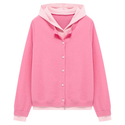 Basic House/百家好春季新款羊毛针织开衫女连帽假两件内搭毛衣