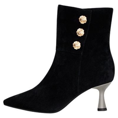 灵梅陈小香风排扣短靴绒面高跟靴