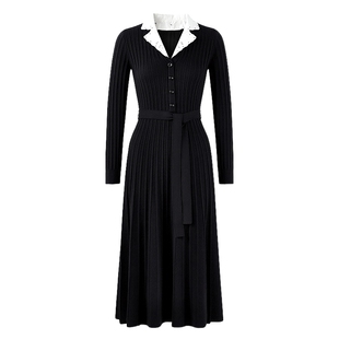 秋水伊人时尚气质竖条纹连衣裙2026年冬季新款女日常淑女A字裙