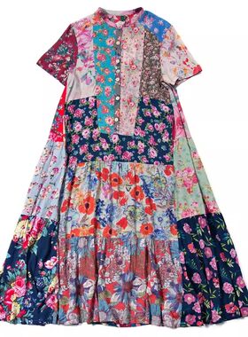 纯棉印花拼接短袖连衣裙女夏印花