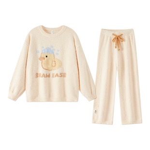 BE半边绒睡衣女款冬季加绒家居服长袖套装加厚秋冬女士珊瑚绒冬天