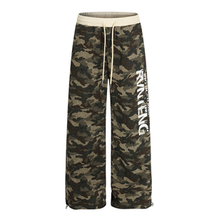 Amoeba美式复古街头字母印花迷彩宽松直筒休闲长裤女阔腿百搭卫裤