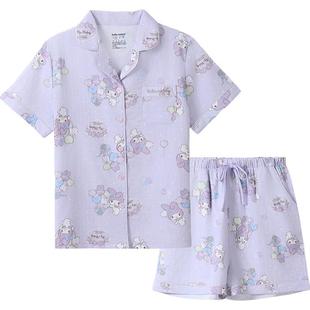 tutuanna全棉睡衣女夏 双层纱大耳狗满印前扣短袖透气家居服套装