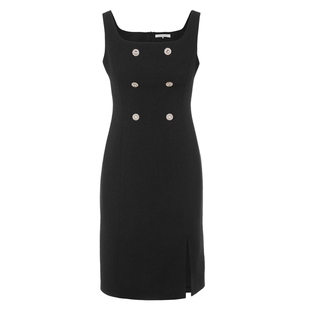 LIME莱茵年早春方领连衣裙黑色复古下摆开衩背心裙