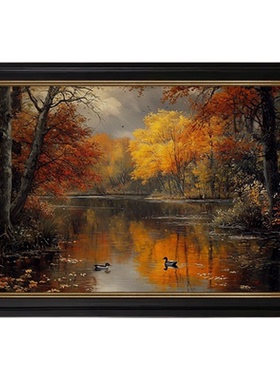 法式中古风天鹅湖纯手绘油画客厅装饰画风景餐厅挂画玄关复古壁画