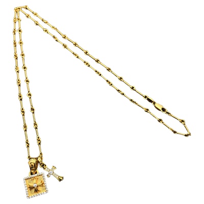 925纯银克罗伈22K金色满钻方块十字花项链男女十字架双吊坠毛衣链