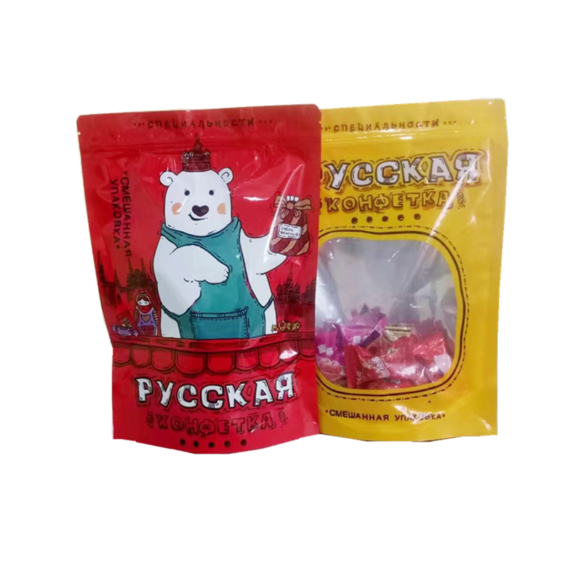 新款黄色红色小熊糖袋巧克力威化混装糖袋自封自立带窗礼品包装袋