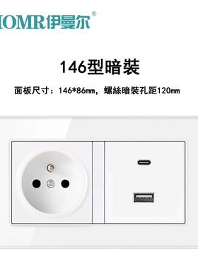 玻璃白色法式开关插座面板法插座带装标暗双插座法国面板typeCUSB
