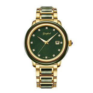 黑青玉机械表简约商务玉石腕表单日历大表盘中年情侣和田玉表夜光