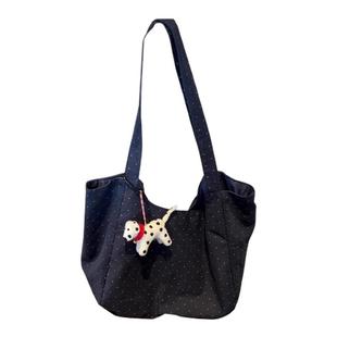 韩系波点包包女款2025新款帆布包大容量手提单肩包黑色百搭通勤包