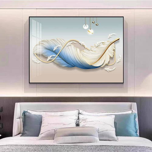 轻奢羽毛装饰画床头挂画餐厅现代简约主卧室房间壁画横版背景墙画