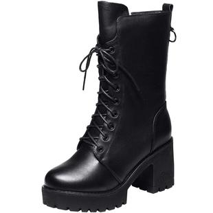 真皮马丁靴女短靴2025秋冬新款中筒靴粗跟单靴高跟靴子女士冬女靴