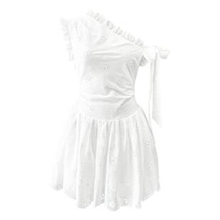 Narratorgirls白色法式镂空花朵斜肩棉收腰蝴蝶结系带连衣裙短裙