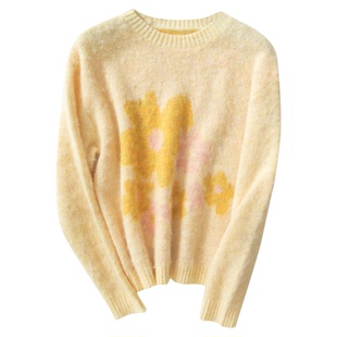 稀有概率 暖阳花田 原创设计宽松黄色羊毛毛衣女秋冬软糯针织上衣